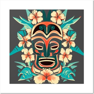 A graphic inspired by Polynesian tiki culture, featuring tiki masks, hibiscus flowers, and tropical motifs. Posters and Art